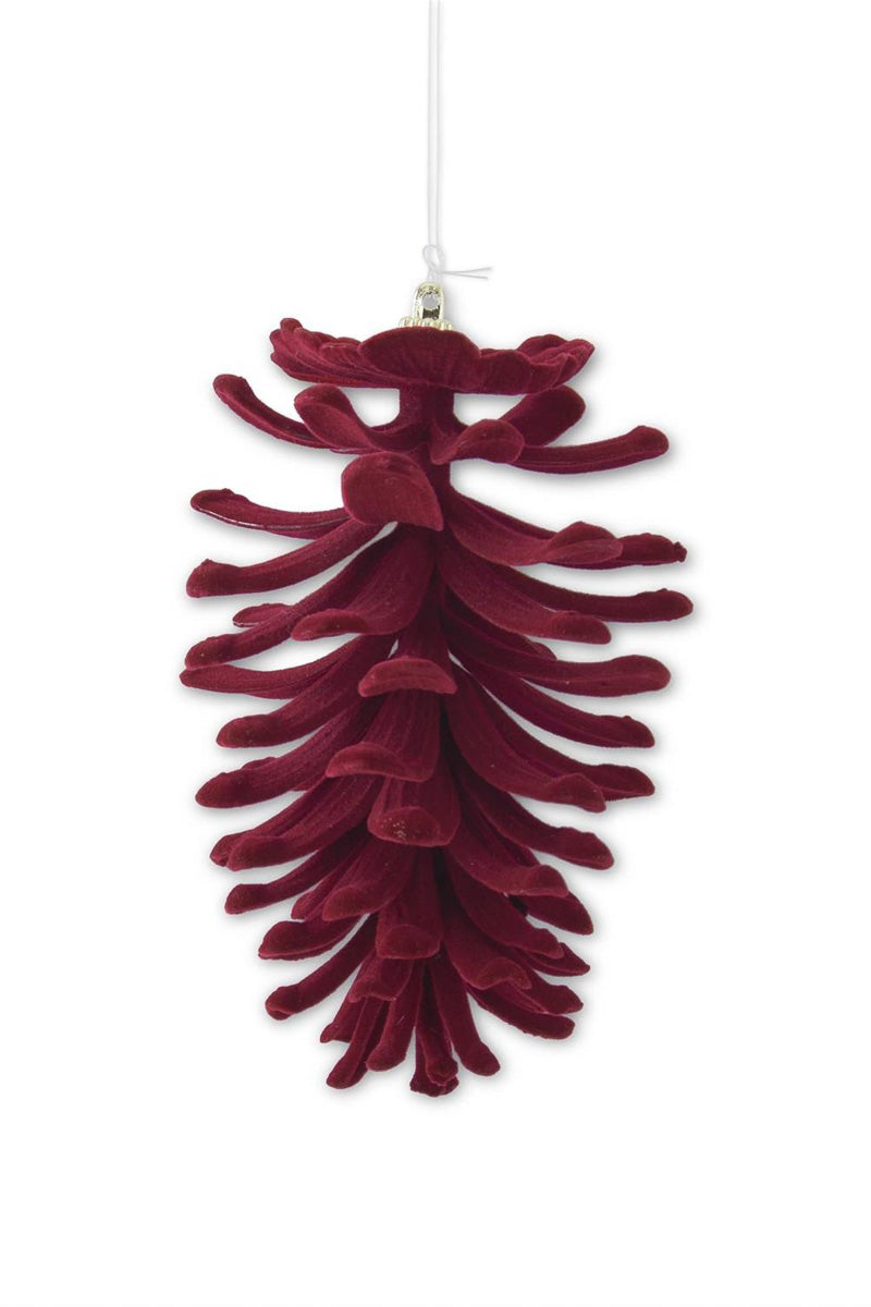 Velvet Flocked Open Pine Cone Ornament 5.5"  Burgundy