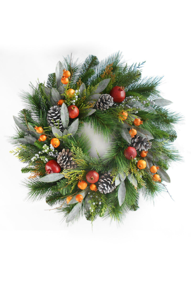 Faux Mixed Pine, Pomegranate, Bay Leaf & Pinecone Wreath 24"