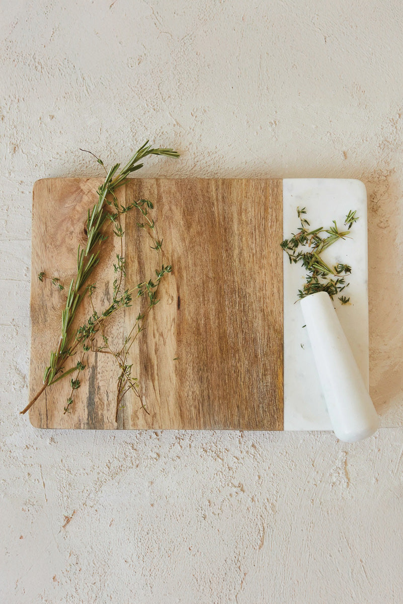 Creative Co-Op Wood & Marble Cheese Board with Marble Pestle Natural/White 2pc Set