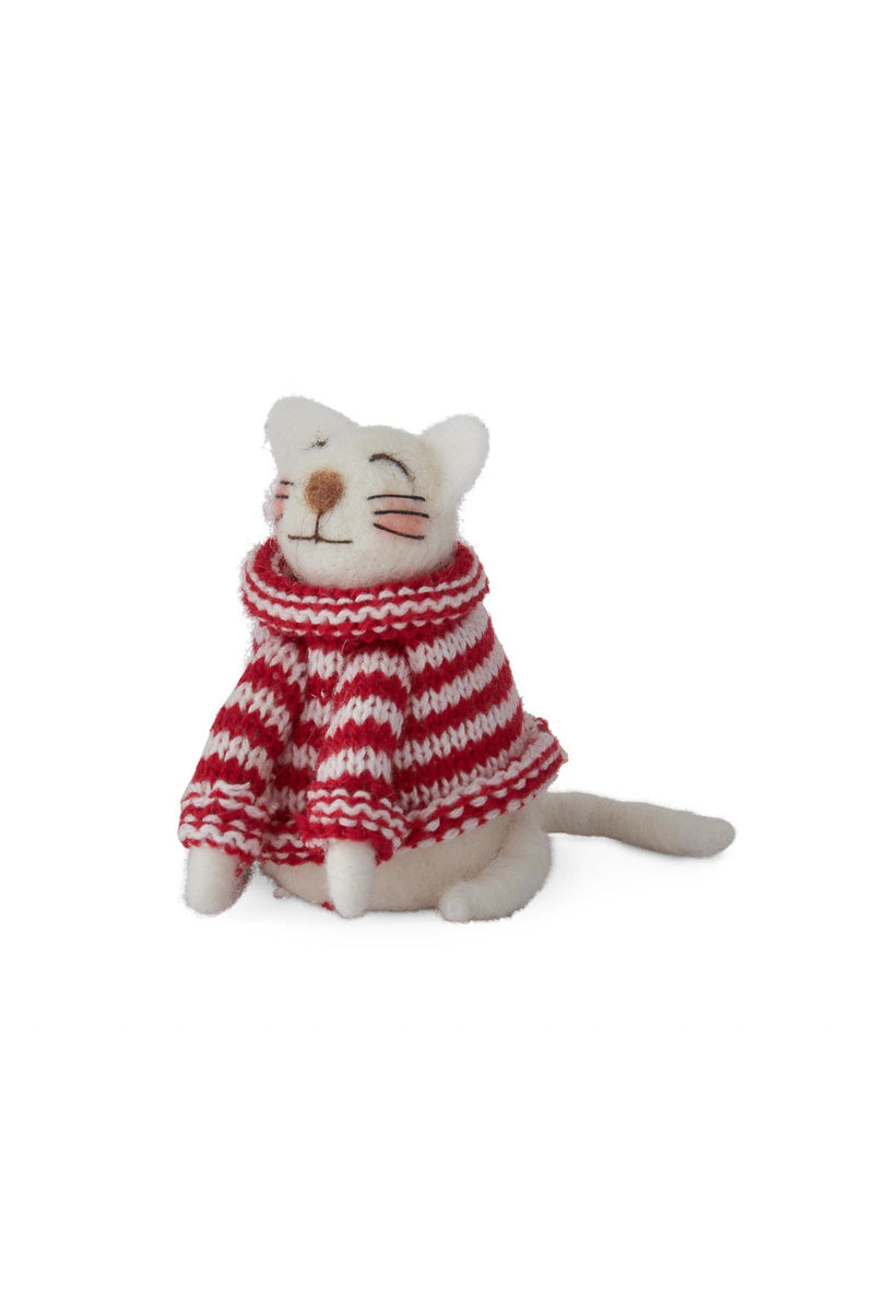 Wool Cat With Striped Sweater Ornament 4"