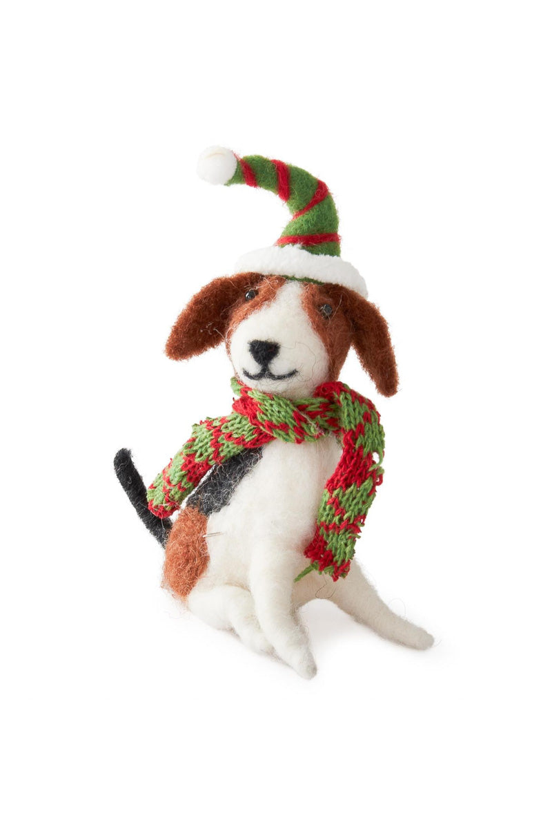 Wool Dog With Striped Elf Hat Ornament 6"