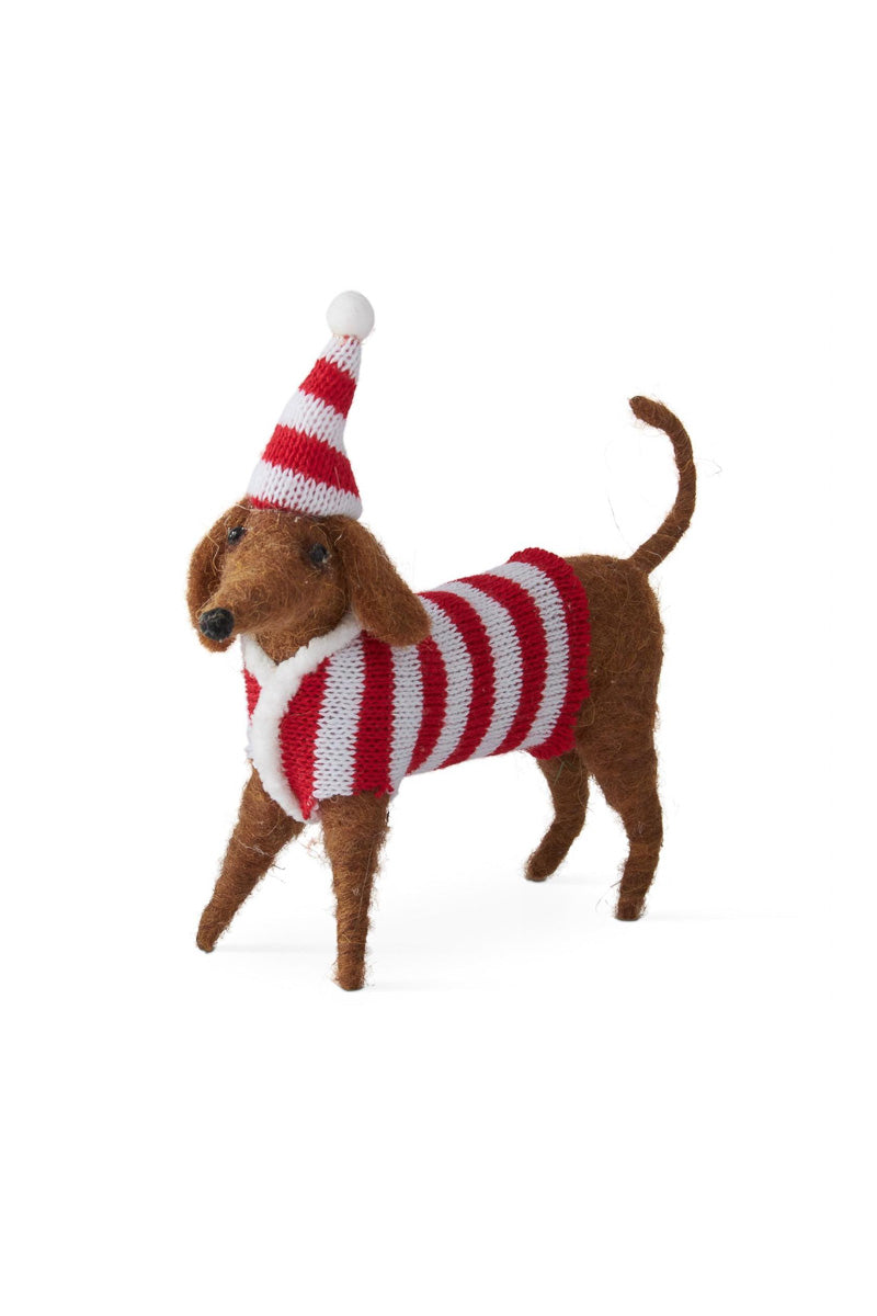 Wool Dog With Striped Hat & Sweater Ornament 6.5"