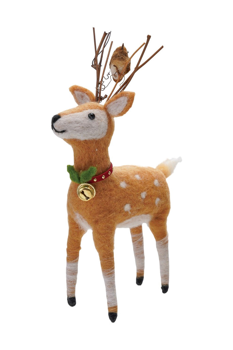 Fabric and  Wool Felt Deer with Bird & Jingle Bell Collar