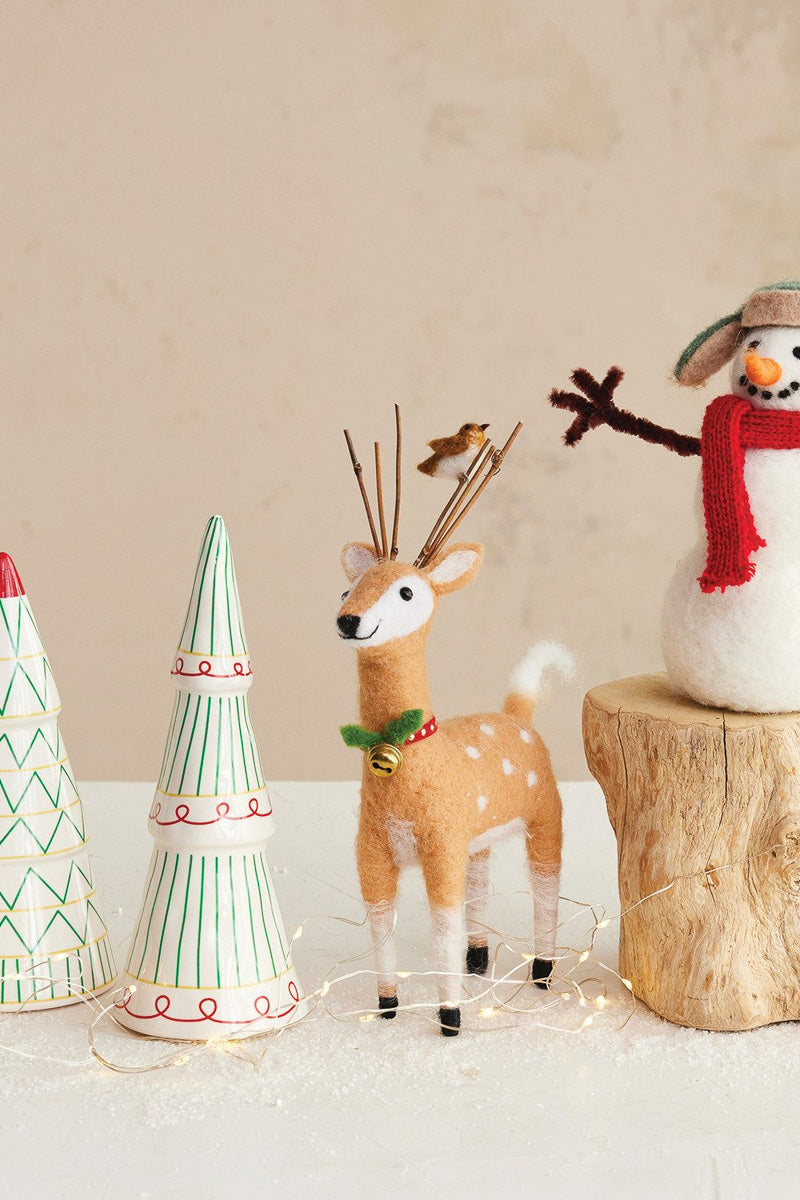 Fabric and  Wool Felt Deer with Bird & Jingle Bell Collar
