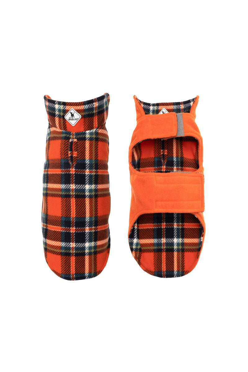 Worthy Dog Fargo Fleece Reversible Jacket Size 22 Orange/Navy Plaid