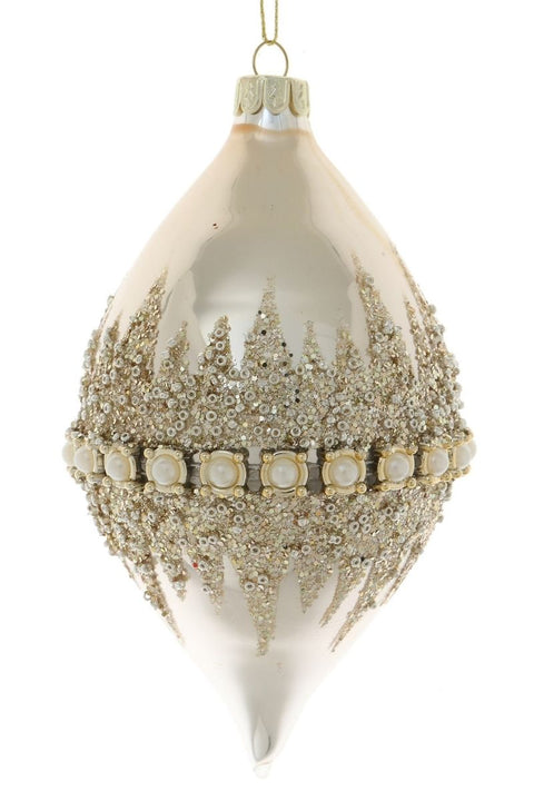 Glitter Pearl Band Finial Ornament 6" Ivory Gold